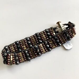 Metallic Hematite Bead Bracelet, Black Brown Gold Sterling Handmade NWT 7.5”